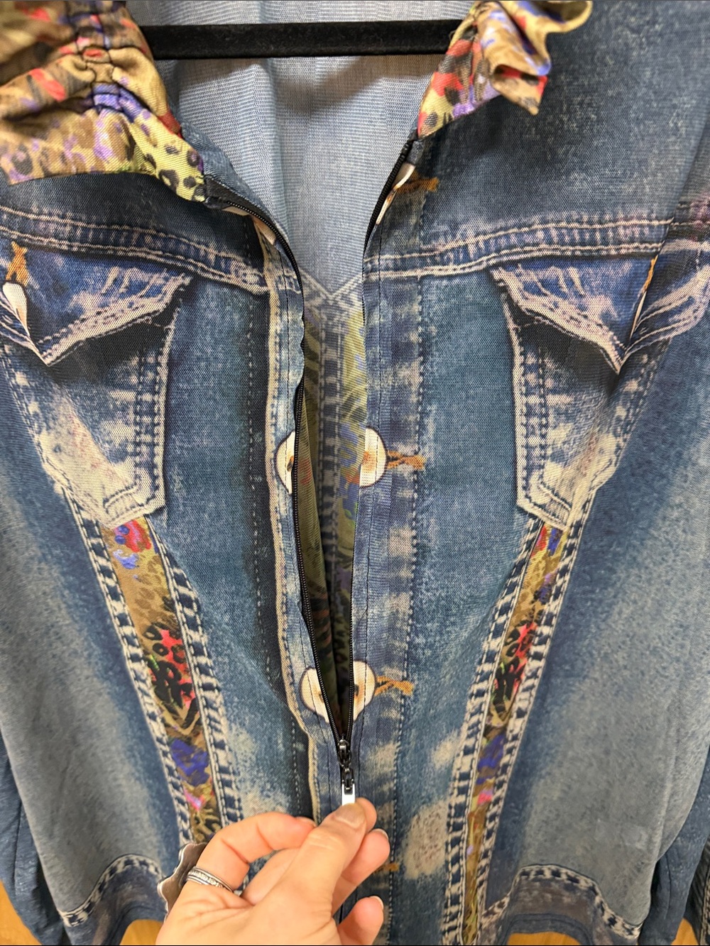 John Mark MESH Sheer Blue Denim PRINTED Jacket with Multicolor Floral Trim - Picture 10 of 14